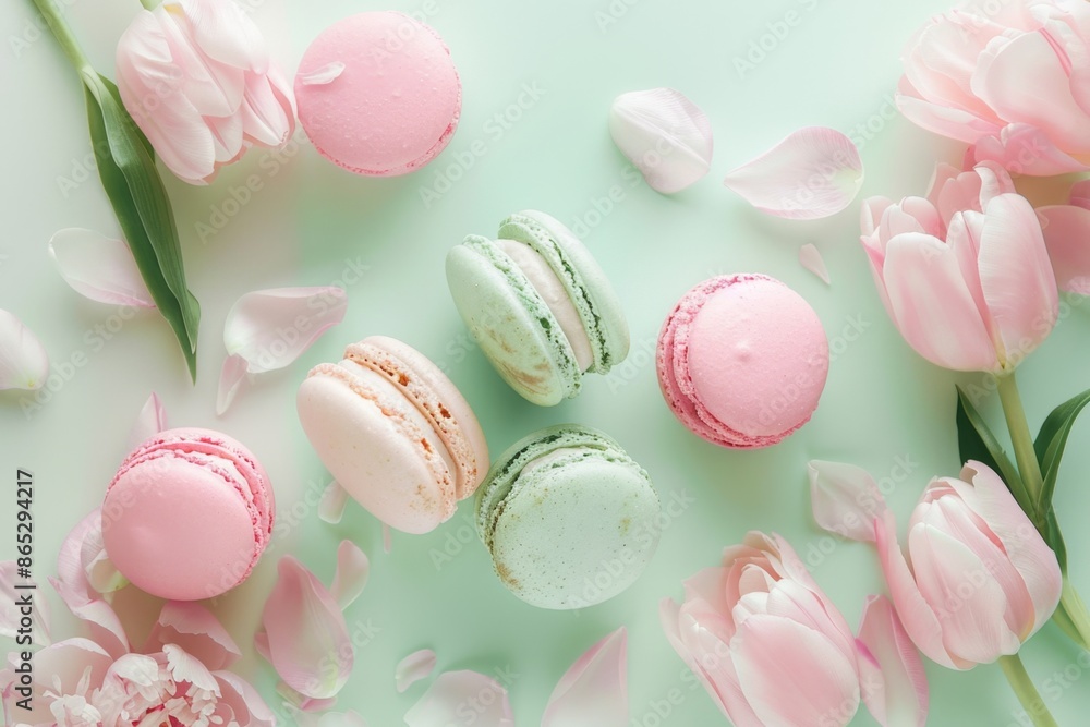 Poster set of macarons arranged on a teal surface and decorated with pink tulips and petals creating a visu