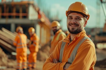Cheerful construction workers grouped on a busy work site