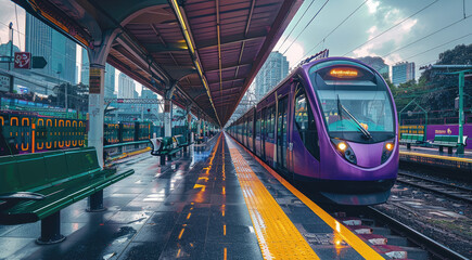 The exterior platform of the train station, an express purple line bus waiting to board passengers....