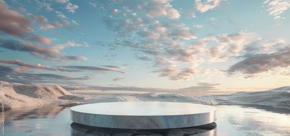 Poster an abstract dune cliff scene with metallic podium platform against a surreal desert landscape backgr
