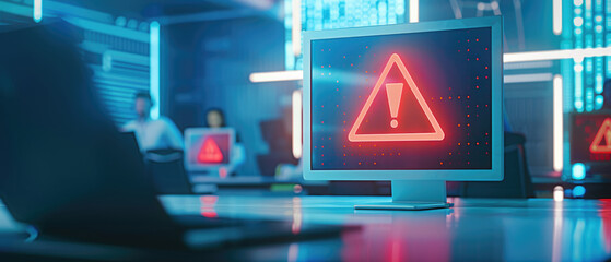 A digital close-up of an online security warning symbol on the screen, indicating some kind of hacker attack