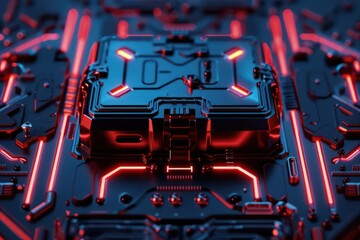 A detailed depiction of a hightech mystery box with neon lights and circuits, ideal for a banner with space for copy