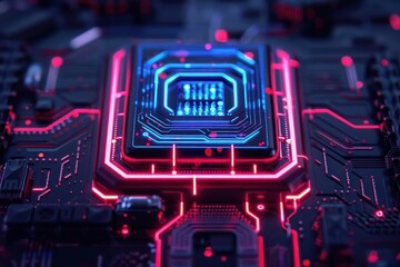 A detailed depiction of a hightech mystery box with neon lights and circuits, ideal for a banner with space for copy