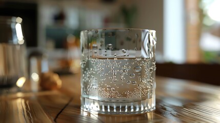Close-up of a sparkling water glass on a wooden table with a blurred background, capturing the bubbles and light reflection.