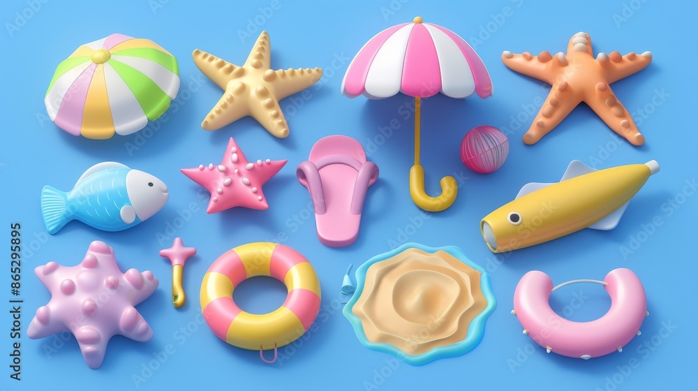 Poster the summer elements 3d icon set clipart is isolated on a white background. objects for mock-up using