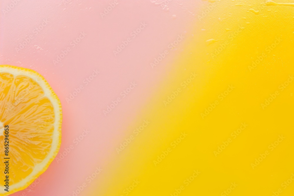 Poster single lemon slice is placed on a pink surface with a yellow gradient background, creating a vibrant