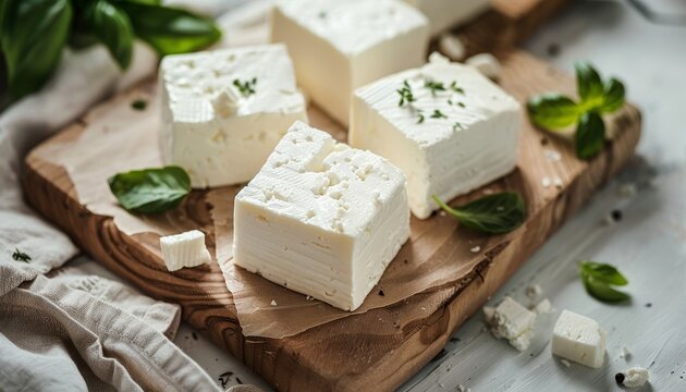 Cow s milk feta cheese on a wooden board made from ripe white cheese