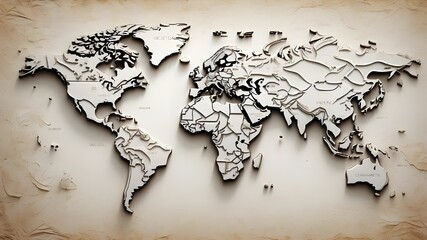 broad horizontal banner of the world map embossed in a hardstyle, styled artwork, with text space available for international subjects or ideas related to sustainability and the environment.