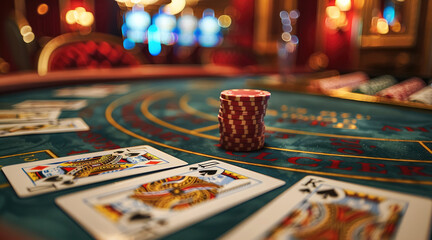 Empty baccarat table with just cards and close up on two cards that are closest to getting baccarat. Generative AI.