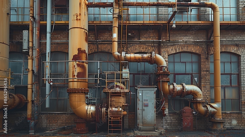 Poster an old factory with old buildings and pipes. generative ai.
