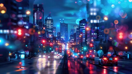 Obraz premium Vibrant city nightlife illuminated by colorful lights, showcasing busy streets and modern skyscrapers under a bright night sky.