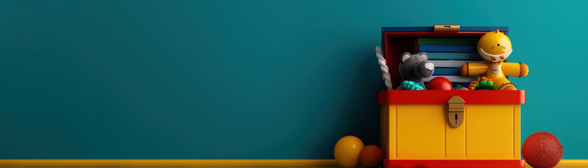 A toy chest with stuffed animals and a ball on the floor