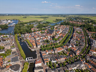 Aerial drone photo of the historic city center of Weesp in the Netherlands
