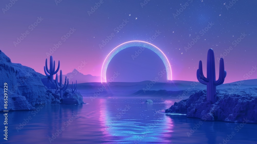 Poster a 3d rendering of a surreal landscape podium with glowing neon circles and corals in the ocean for d