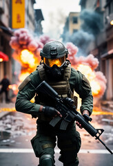 A soldier in army gear with a weapon runs through the streets of a big city with explosions, fire and smoke, where riots, rallies