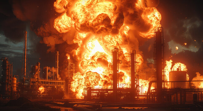 Oil plant explosions and fire. Generative AI.