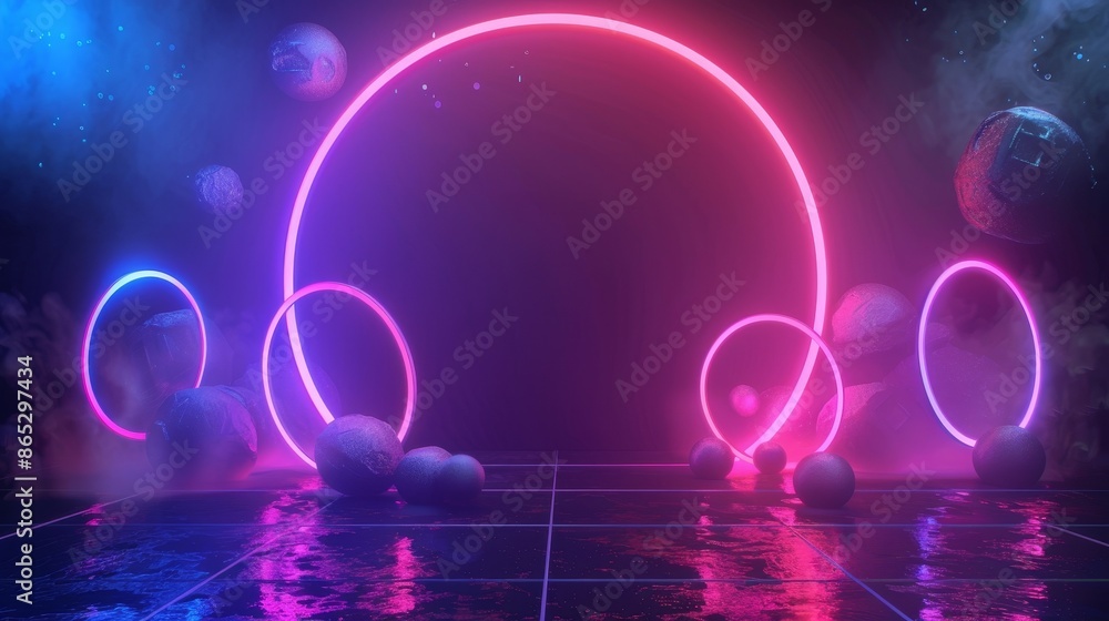 Poster 3D render, blue circle neon light with floating cube and triangle, futuristic background with speed light trails.