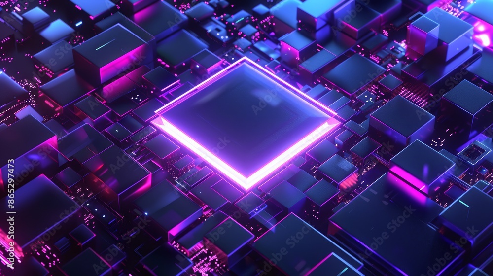 Poster three-dimensional rendering of a neon square gate portal with a floating cube over a city building, 