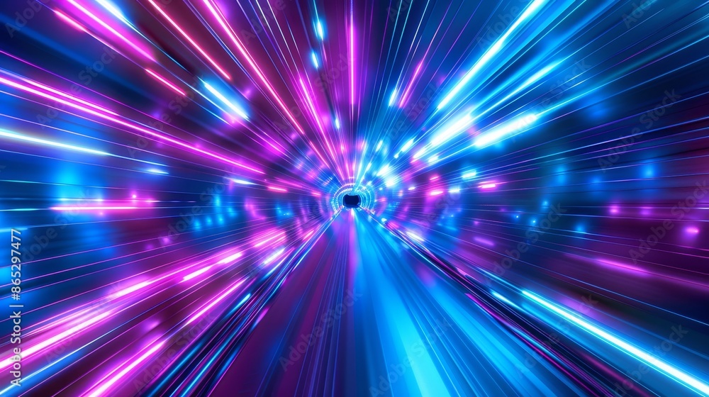 Poster a 3d rendering of a hyper warp blue purple speed light line going through a dark background, an abst