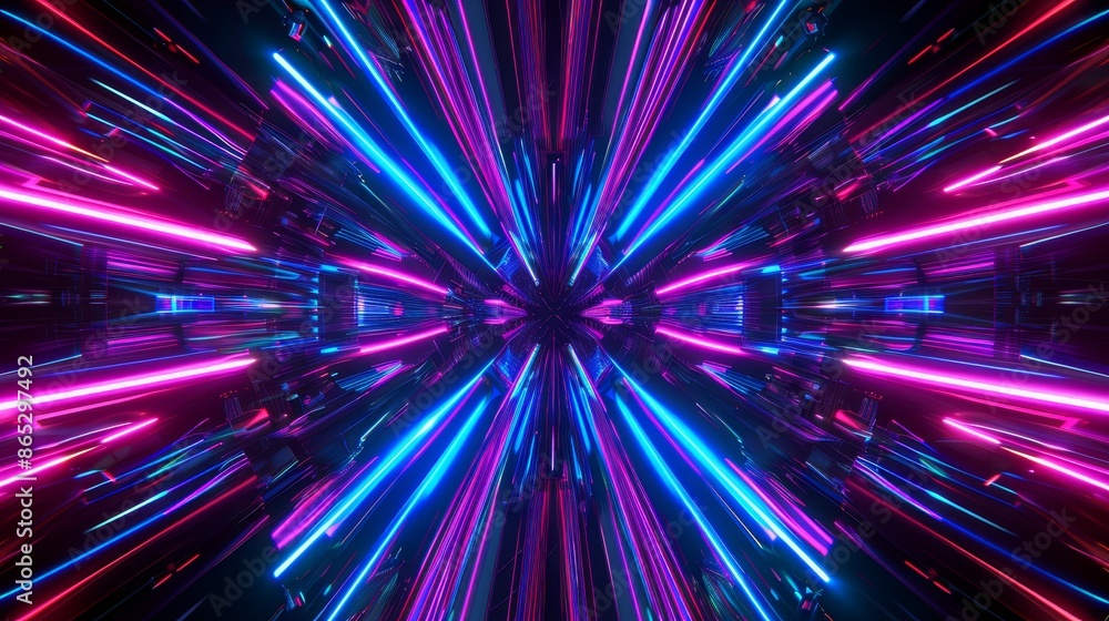 Poster a three-dimensional rendering of a neon blue and purple light flashing through a reflection backgrou