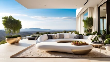 opulent outdoor lounge or terrace with sweeping views of the outdoors, elegant modern and contemporary architectural landscape design, or for vacation escape and leisure