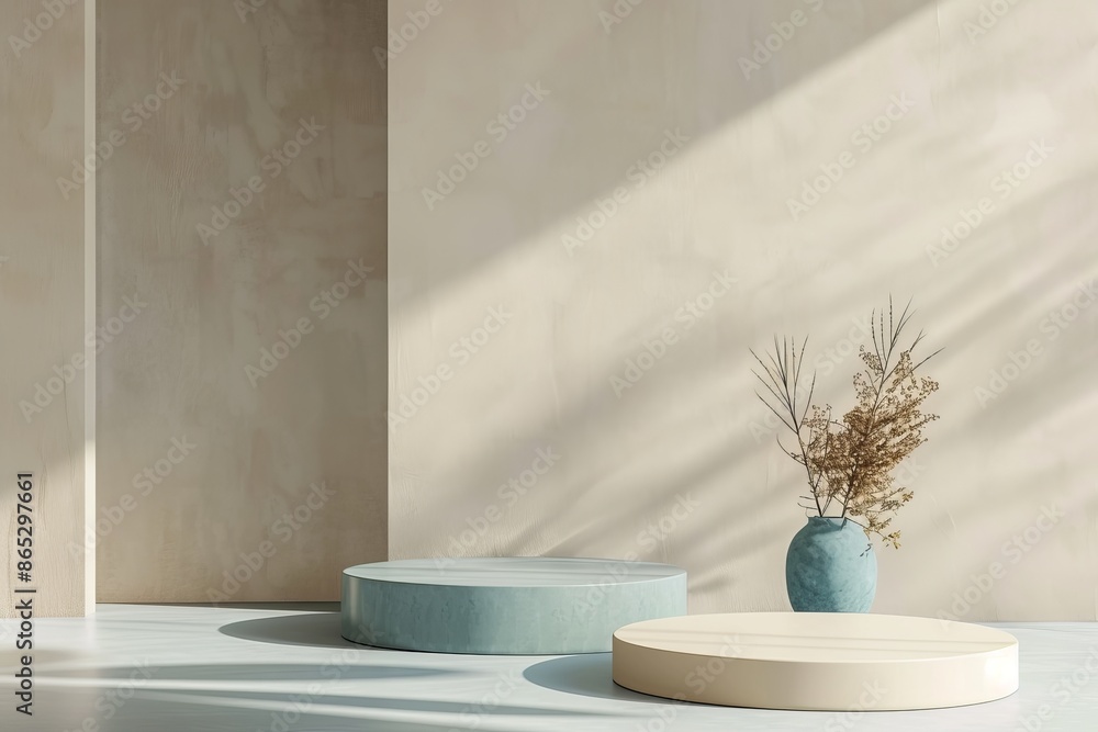Poster this is a rendering of a white blank podium with earth tones color scheme. display stand for adverti