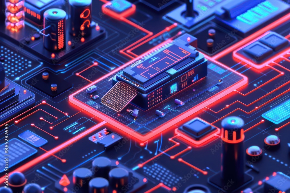Poster a digital illustration of a smart factory with holographic interfaces and data analytics, ideal for 