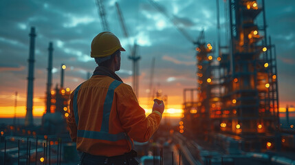 Interaction between foreman and electrician on large Construction site, blue hour, foreman holds tablet. Generative AI.
