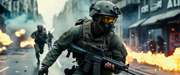 Naklejka premium A soldier in army gear with a weapon runs through the streets of a big city with explosions, fire and smoke, where riots, rallies