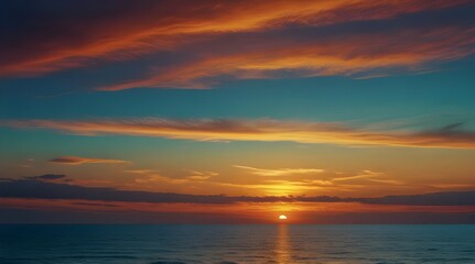 Fototapeta premium Teal blue with oranges and yellows above the ocean horizon.generative.ai