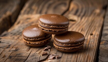 French chocolate macarons on a wooden table with sweetness