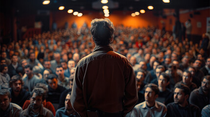 A man giving comedy special at a small town election rally. the audience is split down the middle with a gap in the crowd leading to the comedian. Generative AI.