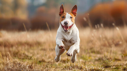 A bull terrier dog is having fun in a field of tall grass