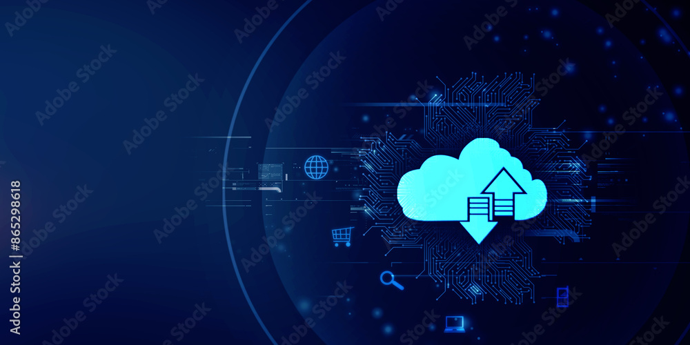 Poster 2d illustration uploading downloading arrow with cloud