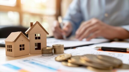 Banker reviewing mortgage and loan documents with a client, focusing on property investment opportunities. 