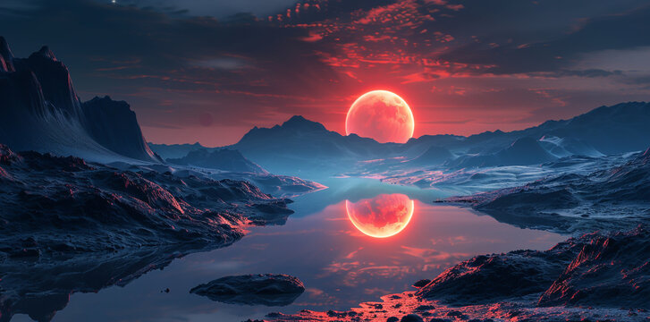 Alien planet landscape with a huge moon, red glowing sky and dark rocky mountains