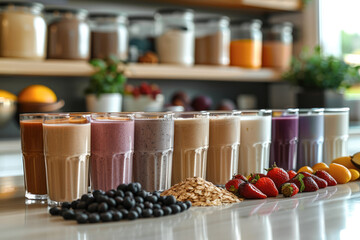 Modern kitchen counter with several ready-to-drink protein shakes in various flavors, with fresh ingredients like fruits and nuts, with protein powder containers in the background. Generative AI.