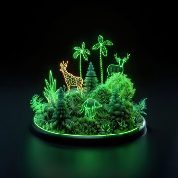 A futuristic depiction of a virtual forest with holographic animals and neon lights, isolated with room for text on a clean backdrop