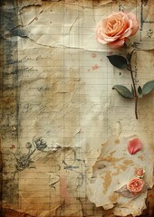 blank stained and weathered old paper texture with  flower and old fantasy vintage border background, wallpaper