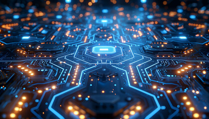 Obraz premium Futuristic Circuit Board with Glowing LED Lights in a High-Tech Pattern