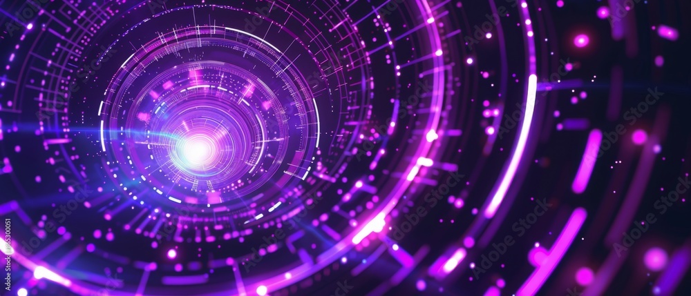 Poster abstract tech background featuring concentric circular grids with neon purple lines on a dark backgr