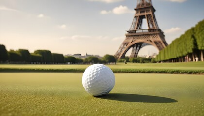 A close-up of a golf ball on a green putting surface with the Eiffel Tower in the background