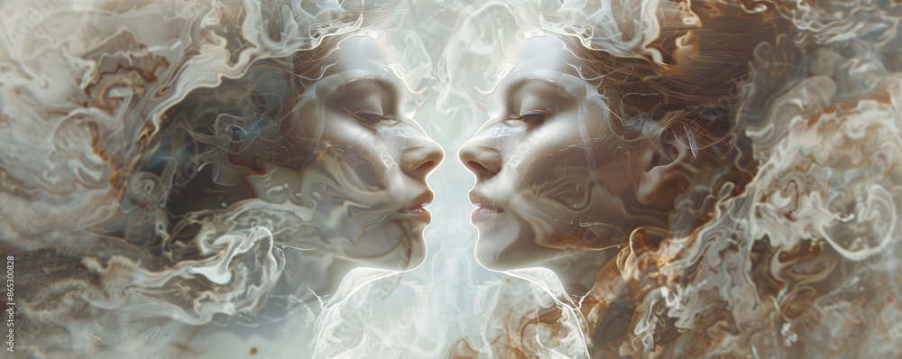 Poster gemini twins: a pair of ethereal gemini twins, reflecting duality with one in light and the other in