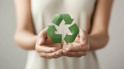 Close-up of person holding green recycling symbol with both hands, promoting sustainability and eco-friendly practices.