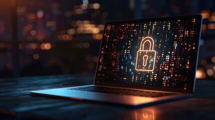 Cybersecurity concept with a laptop displaying a lock icon on screen, representing data protection and online security in a digital environment.