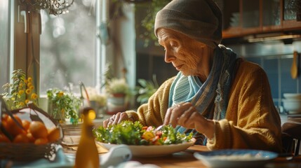 Elderly woman enjoying a healthy salad in a cozy kitchen, sunlight streaming through the window, peaceful and serene atmosphere.