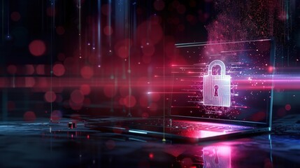 Futuristic digital security concept with laptop and glowing padlock hologram representing cybersecurity and data protection.