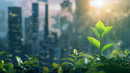 Fototapeta premium Decarbonization, featuring a vibrant green plant in the foreground with a CO2-emitting industrial chimney in the background, symbolizing the balance between industry and environmental sustainability 