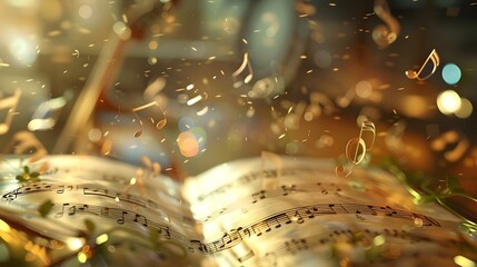 Floating Musical Notes: Musical notes floating above a sheet of music, with a background of blurred musical instruments.
