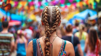 Obraz premium A young woman with long brown hair braided and decorated with colorful beads and ribbons. She is wearing a colorful dress and is standing in a crowd of people.